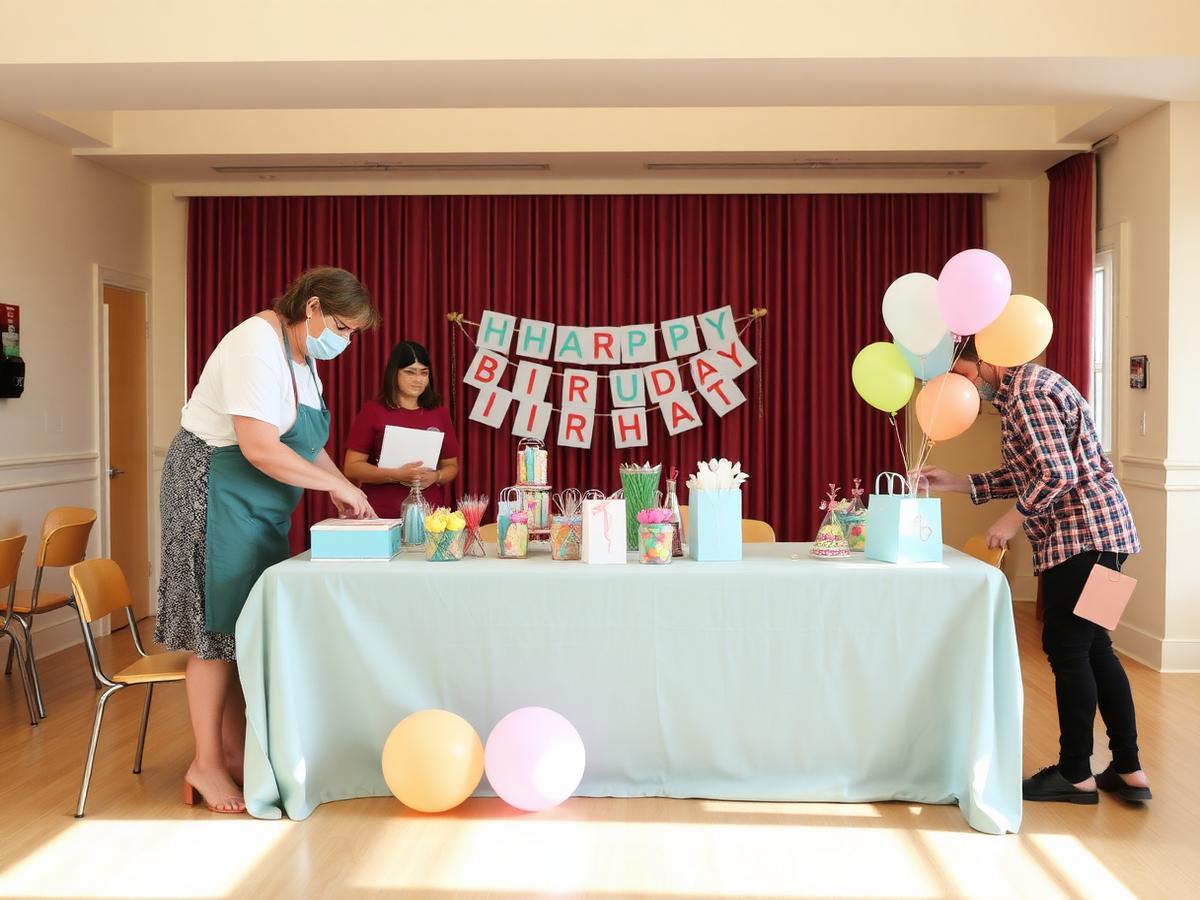 PLACEHOLDER — replace with an approved Birthday Village photo: volunteers setting up a celebration table.