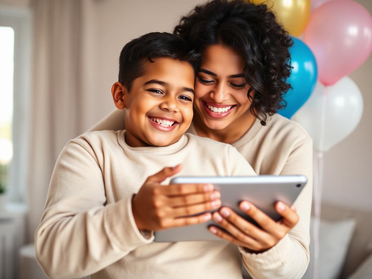 PLACEHOLDER IMAGE — replace with an approved family photo. Shown: a parent and child smiling together while holding a communication tablet.