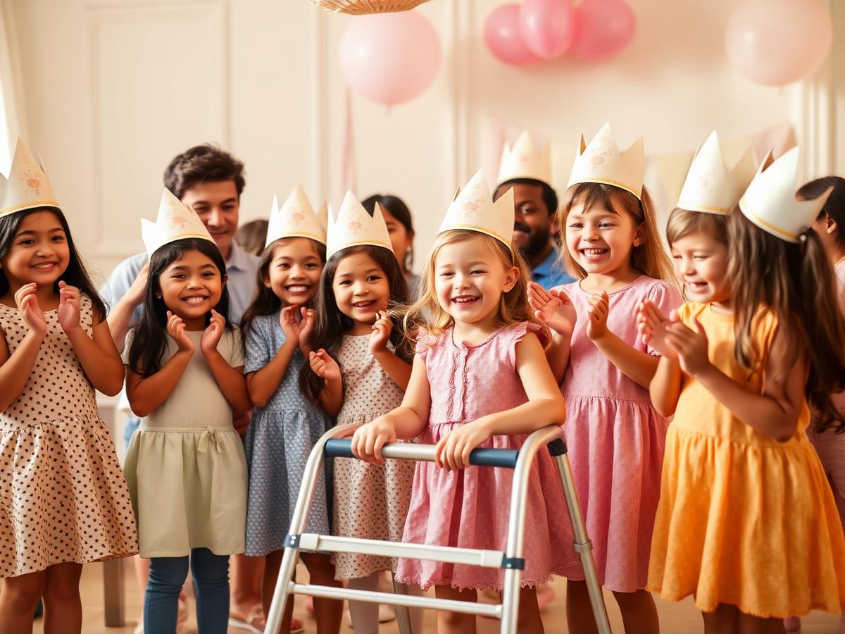 PLACEHOLDER — replace with an approved Birthday Village photo: children in paper crowns cheering together, one using a walker.